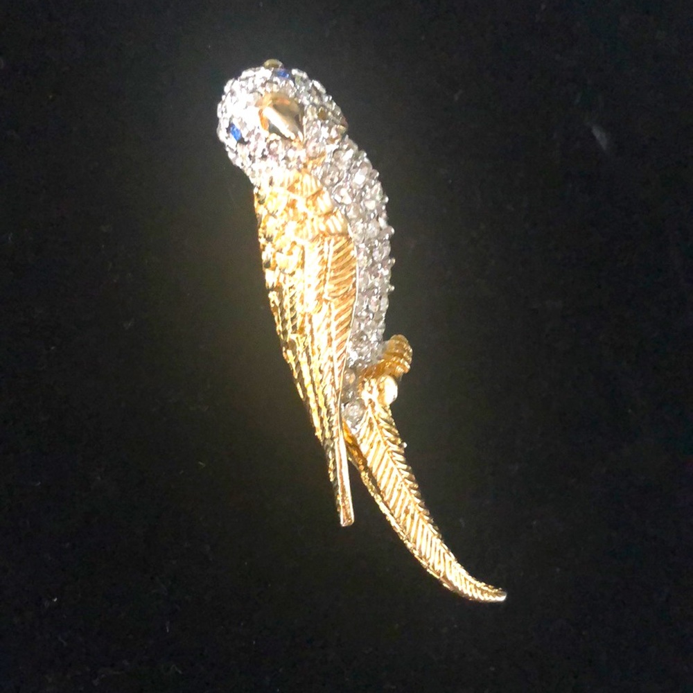 Source Unknown Gold and Clear Crystal Parrot Brooch
